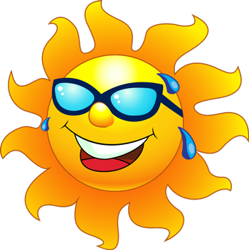 Graphic of a smiling sun wearing sunglasses and sweating