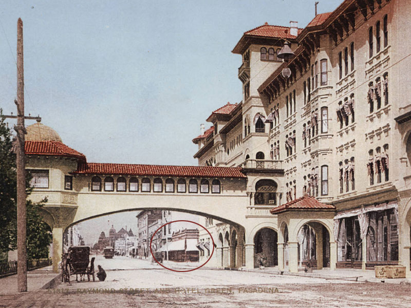 A historical photo of Castle Green and Hotel Green in Pasadena. Convalescent Aid Society's original location can be seen on the northeast corner of Green and Raymond.