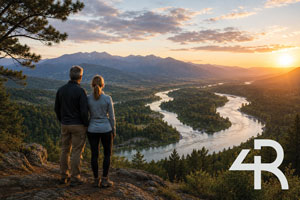 a couple standing on top of an overlook in nature with a river flowing below