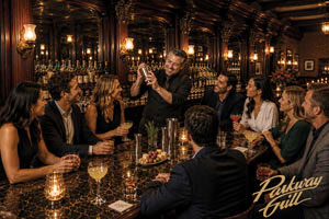 a gathering of friends are enjoying the mixology experience at Parkway Grill restaurant