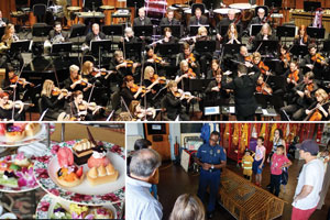 Pasadena Symphony Orchestra, some of the treats available at the Langham Tea Room, and a fireman giving a tour at the station